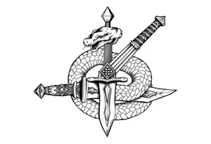 mystical snake coiled around an ancient dagger with jeweled hilt tattoo idea