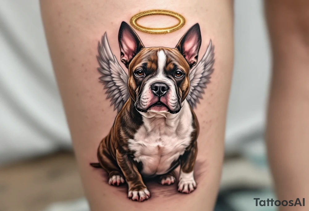 Angel Stafford Tribute – A Staffordshire Bull Terrier with soft white wings and a golden halo, sitting peacefully, ideal as a memorial tattoo. tattoo idea