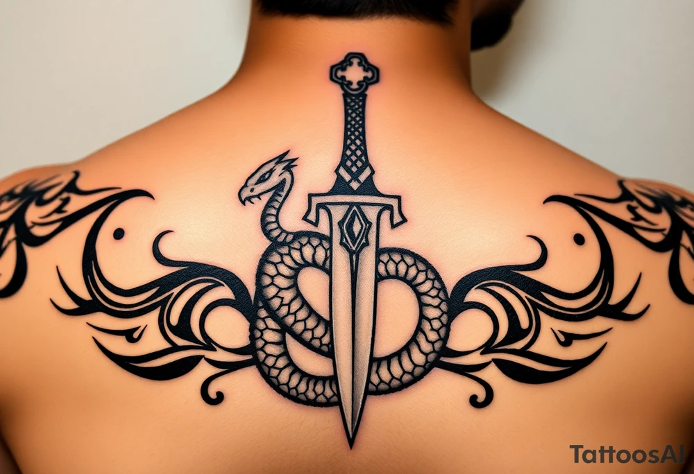 mystical snake coiled around an ancient dagger with jeweled hilt tattoo idea