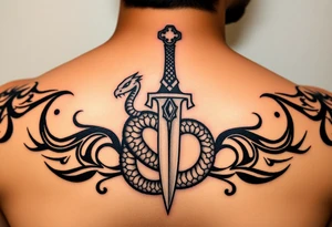 mystical snake coiled around an ancient dagger with jeweled hilt tattoo idea