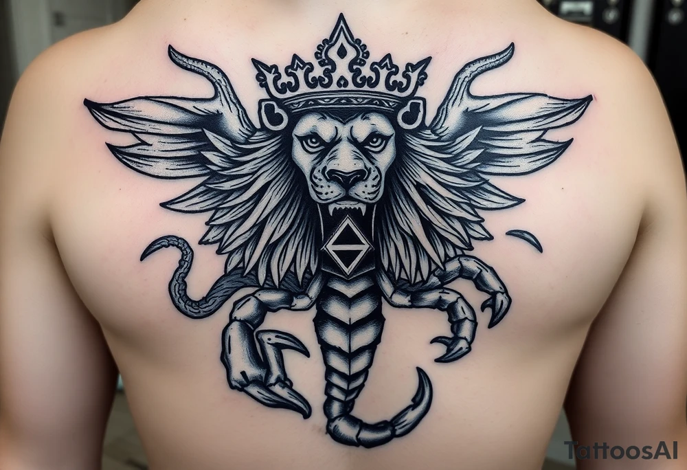 Full arm tattoo, Poseidon , a powerful and majestic lion with a crown and in the middle of this crown a square is a freemason's compass, a realistic scorpion, tattoo idea