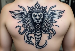 Full arm tattoo, Poseidon , a powerful and majestic lion with a crown and in the middle of this crown a square is a freemason's compass, a realistic scorpion, tattoo idea