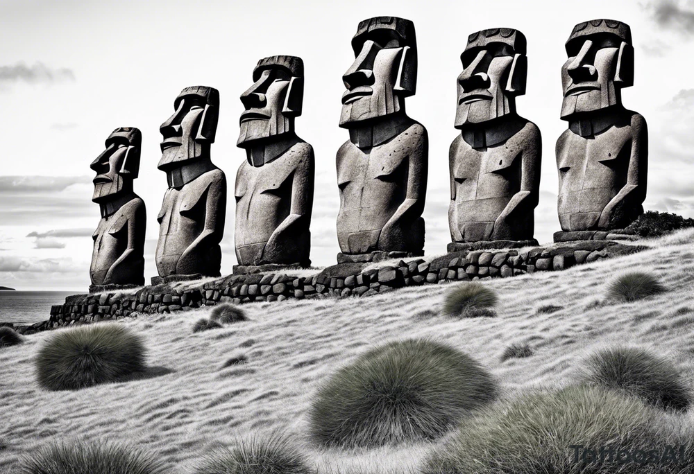 Four Easter island heads on an island landscape with hawks circling above tattoo idea
