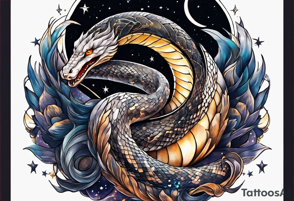Lucifer (half snake) wraps the moon in the night sky tattoo idea
