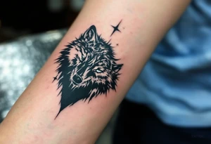 Two matching man and woman tattoos of black and white silhouette wolve on the wrist. tattoo idea