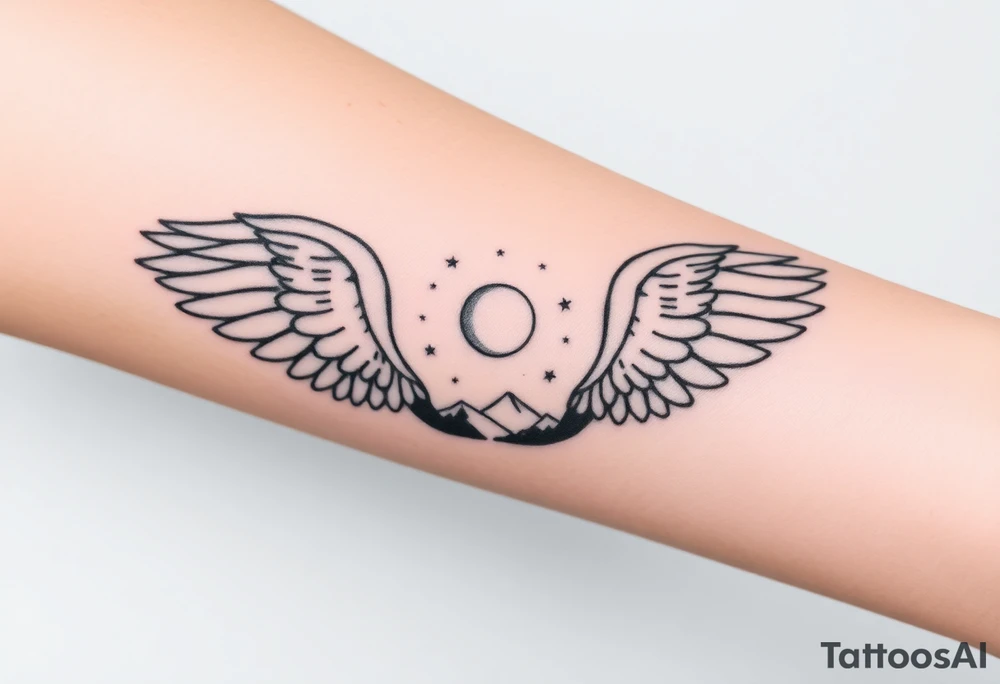 Night sky with constellation, stars & moon seen from a frame of natural landscape angel wings spiritual tattoo idea
