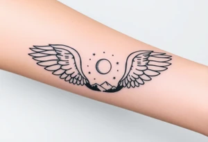 Night sky with constellation, stars  & moon seen from a frame of natural landscape angel wings spiritual tattoo idea