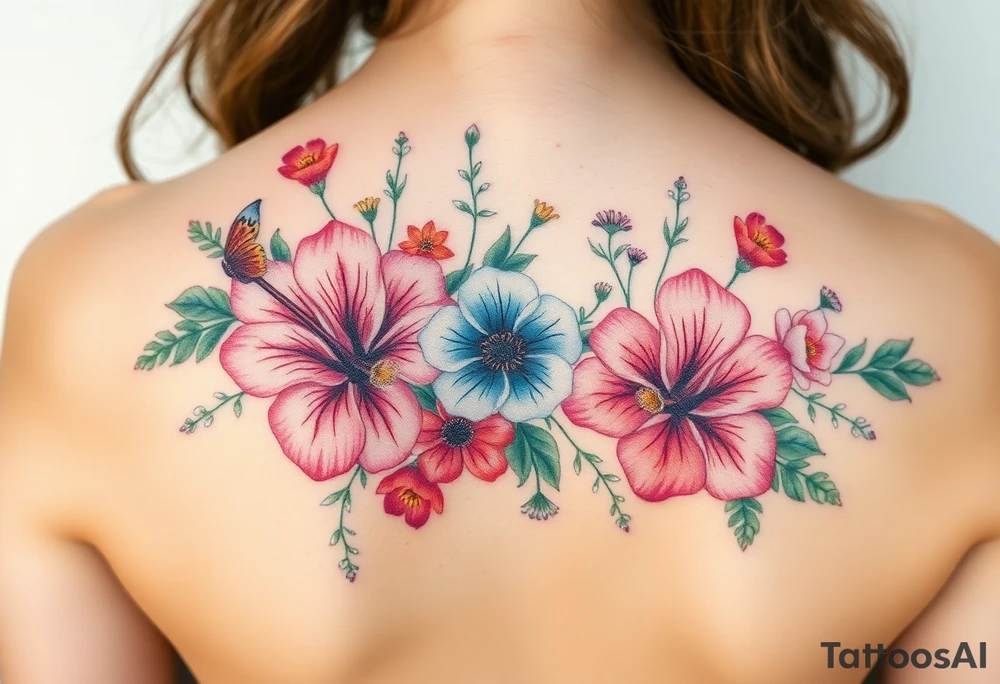 vintage bouquet of wild hibiscus
 and meadow flowers with morning dew and a fox tattoo idea