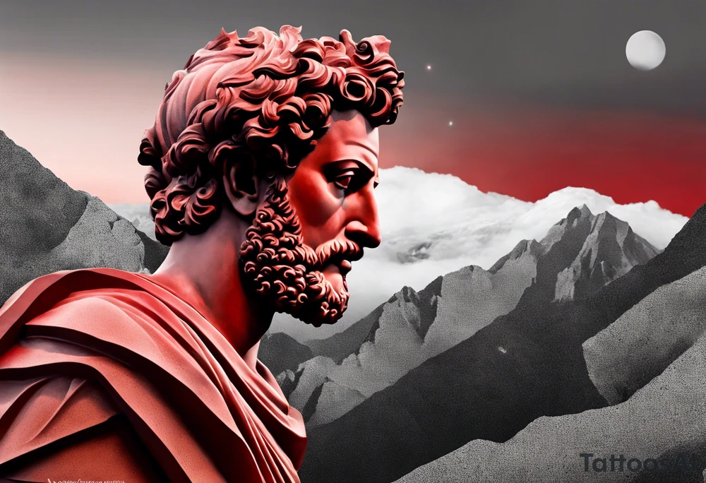 A grey statue of the face of Marcus Aurelius looking toward the observer in a 25 degree angle. The bottom left part of the statue is broken. The Background are mountains in a red hue. tattoo idea