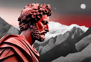 A grey statue of the face of Marcus Aurelius looking toward the observer in a 25 degree angle. The bottom left part of the statue is broken. The Background are mountains in a red hue. tattoo idea