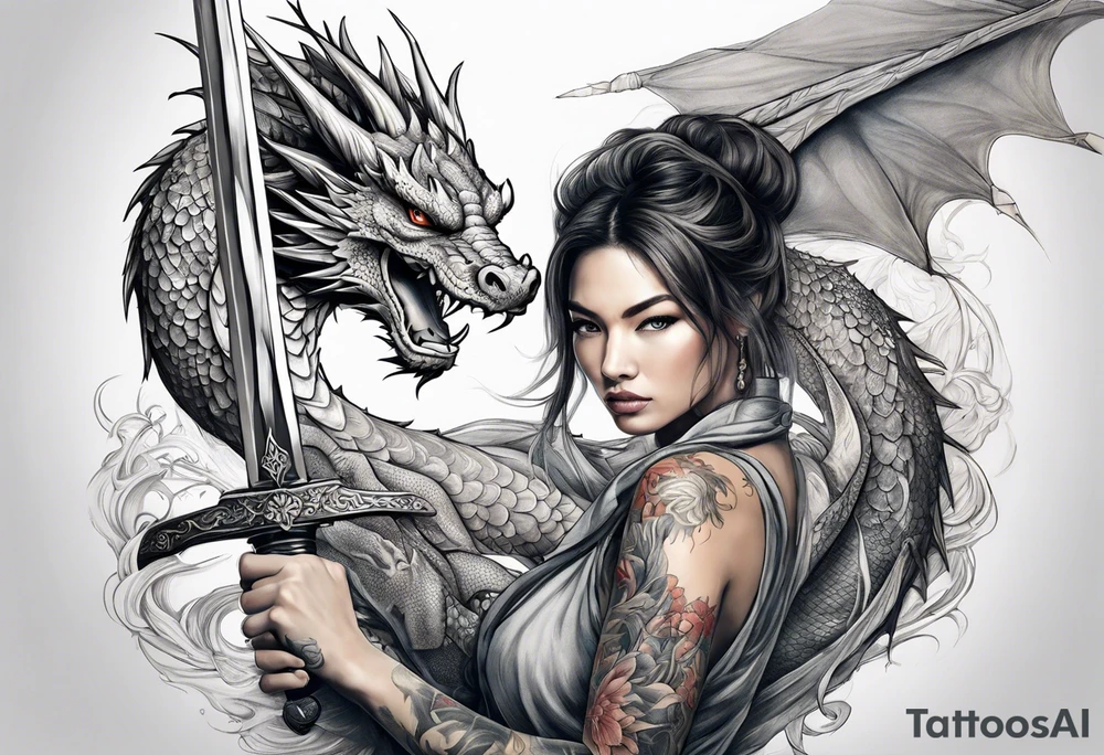 Women holding a sword powerful beauty a dragon behind her fiercely tattoo idea