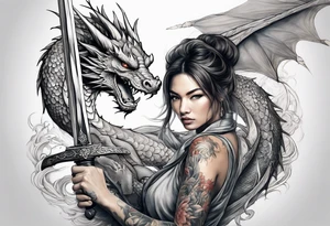 Women holding a sword powerful beauty a dragon behind her fiercely tattoo idea