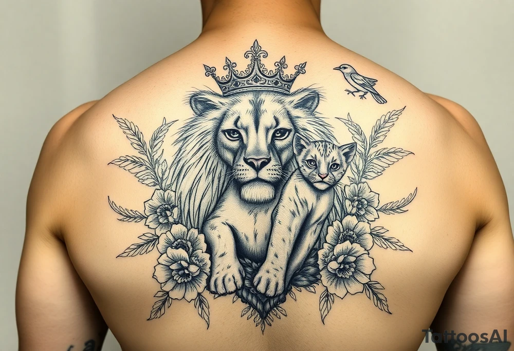 powerful majestic lion and cub with a crown, surrounded by floral ornaments and birds tattoo idea
