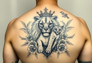 powerful majestic lion and cub with a crown, surrounded by floral ornaments and birds tattoo idea