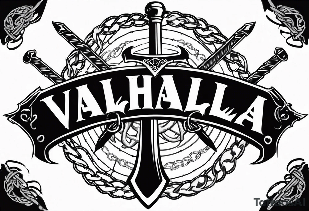 Valhalla sword round shield axe barbed wire chains tattoo idea