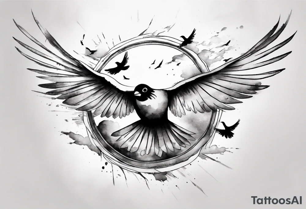 shoulder tattoo with light rays with birds flying free among the clouds, round shape, 3d effect tattoo idea