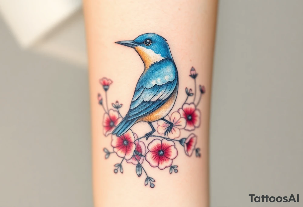 powerful majestic bluebird surrounded by wild flowers tattoo idea