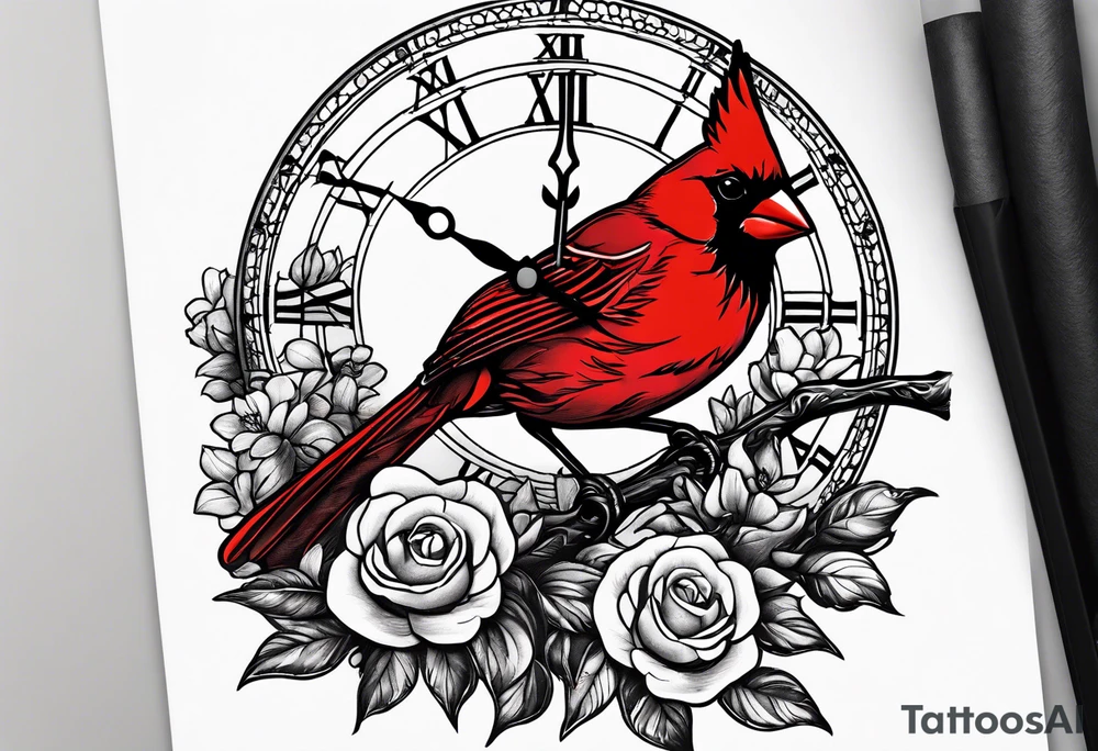 Trees, flowers, clock, red cardinal, representing growth from grief tattoo idea