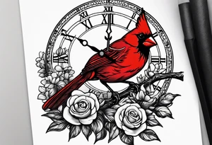 Trees, flowers, clock, red cardinal, representing growth from grief tattoo idea