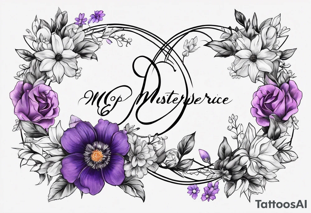Infinity symbol with violet, rose, larkspur and aster birth flowers on one
 side of the symbol the date 8.30.1997 on the other side tattoo idea