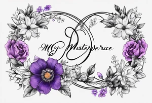 Infinity symbol with violet, rose, larkspur and aster birth flowers on one
 side of the symbol the date 8.30.1997 on the other side tattoo idea