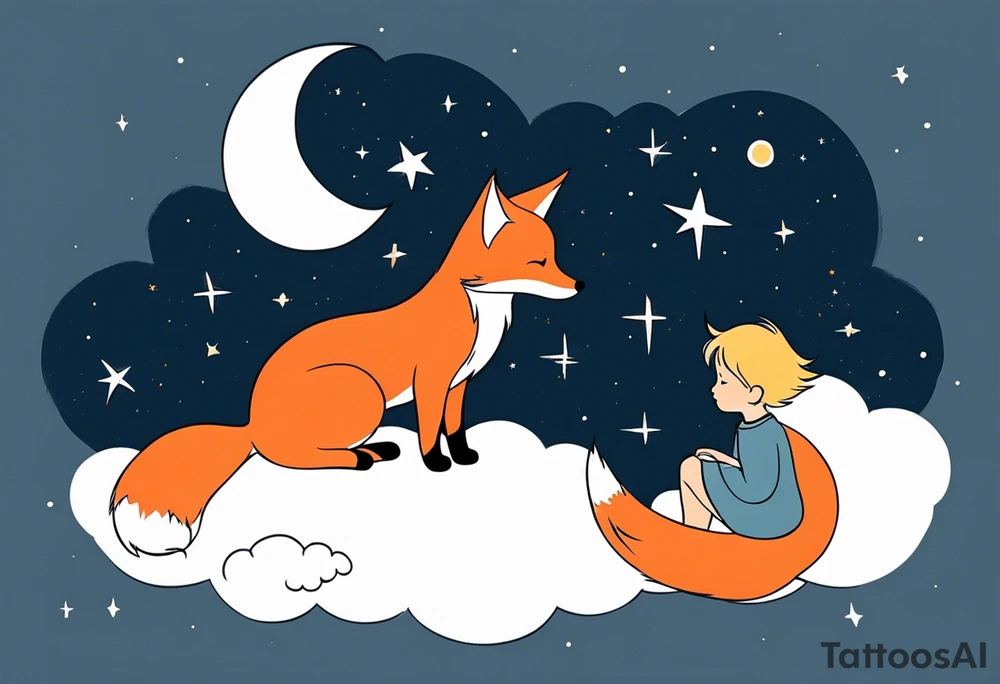little girl with a fox sit side by side on a cloud and look at the stars like the petit prince tattoo idea