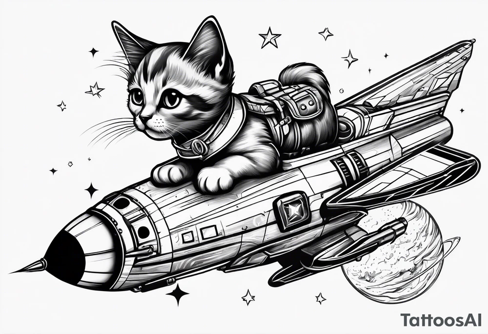 a kitten riding a rocket in space tattoo idea