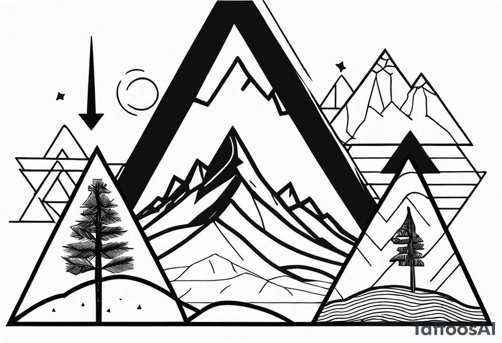 Black line tattoo with three different sizes triangles forming a mountain range with three trees tattoo idea