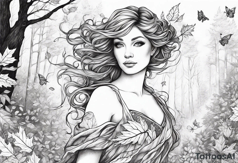 A auburn haired fairy in the middle of a forest during the peak of autumn, twirling in a whirlwind of autumn leaves tattoo idea