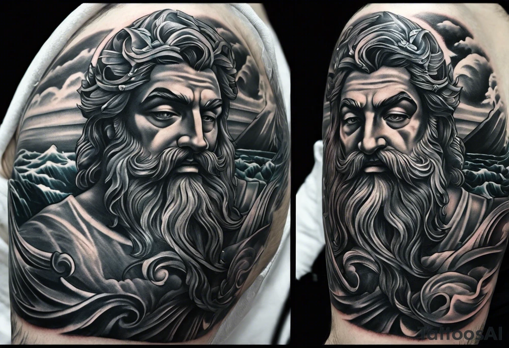 Elbow to wrist tattoo, with most of it being the god Poseidon. I want it to be very detailed. I would like it to flow from the tattoo above which has clouds as a background tattoo idea