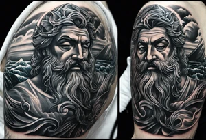 Elbow to wrist tattoo, with most of it being the god Poseidon. I want it to be very detailed. I would like it to flow from the tattoo above which has clouds as a background tattoo idea