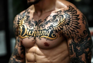 Dunning, details include bold strong font, gold highlights, theme of wealth and angel wings, taino native tattoo idea