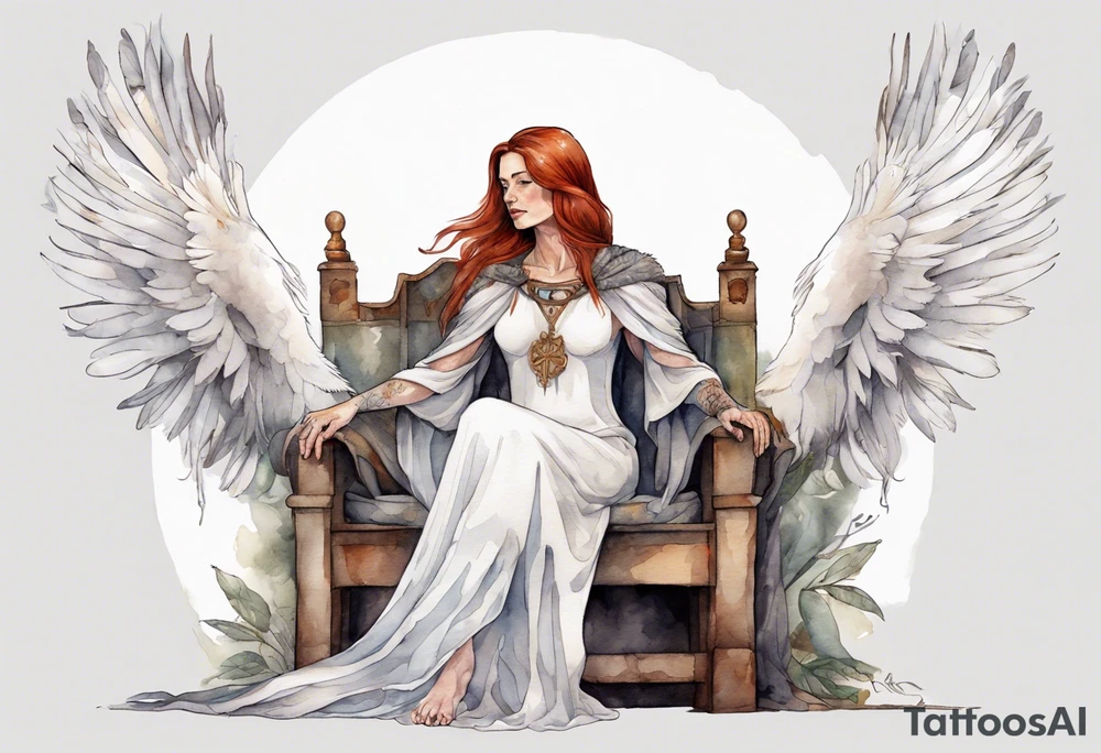 a 45-year-old medieval woman with auburn hair wearing a white feather cloak sitting on a throne with one dove on her shoulder tattoo idea