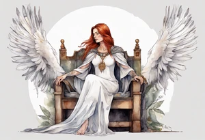 a 45-year-old medieval woman with auburn hair wearing a white feather cloak sitting on a throne with one dove on her shoulder tattoo idea