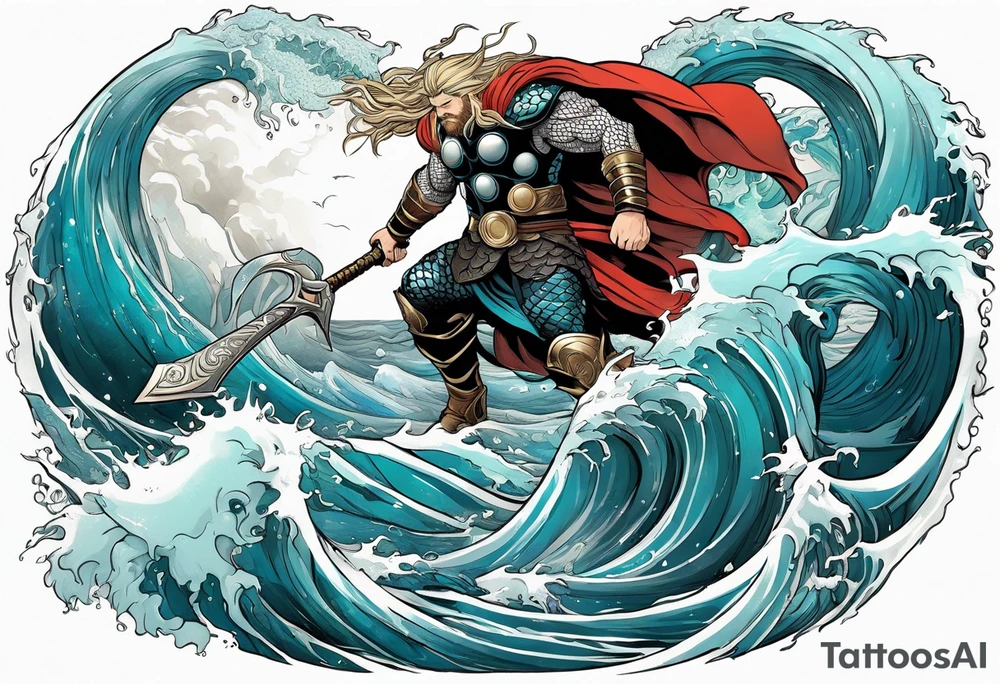 Thor fighting the world serpent in the ocean in a typhoon tattoo idea