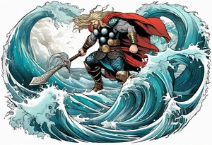 Thor fighting the world serpent in the ocean in a typhoon tattoo idea