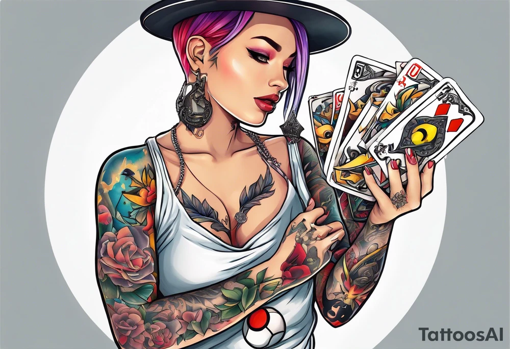Hand with old school tattoos holding pokemon cards tattoo idea