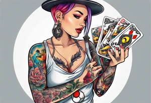 Hand with old school tattoos holding pokemon cards tattoo idea