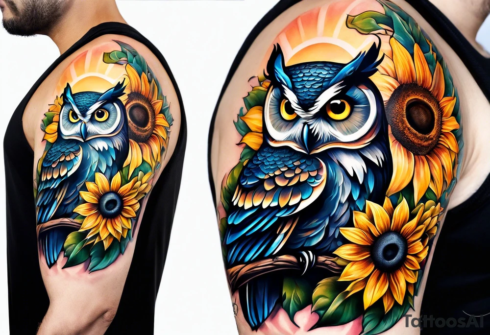 Sleeve with an owl, sunflower and butterfly tattoo idea