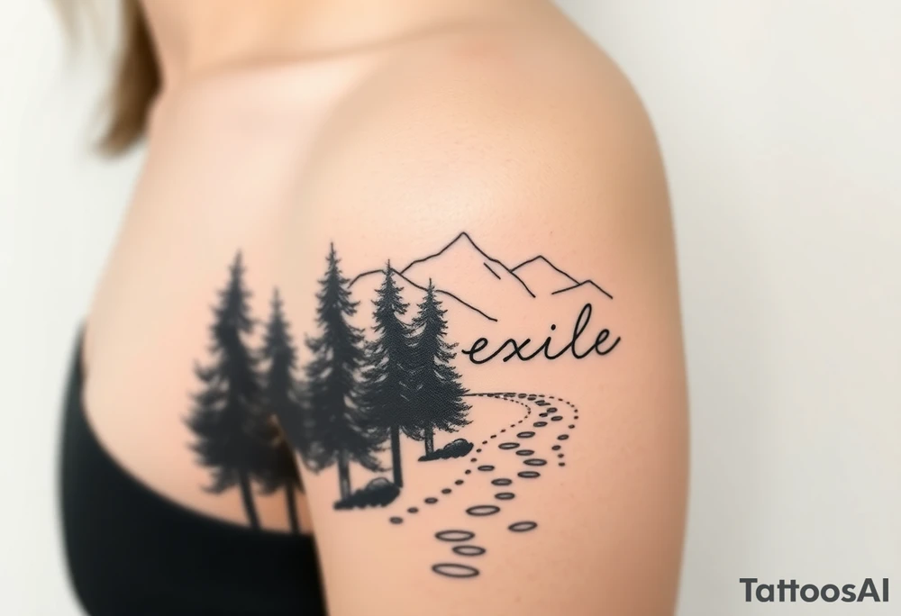 A path in the woods with mountains in the background, the word "Exile" blended in the drawing tattoo idea