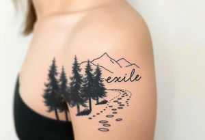 A path in the woods with mountains in the background, the word "Exile" blended in the drawing tattoo idea