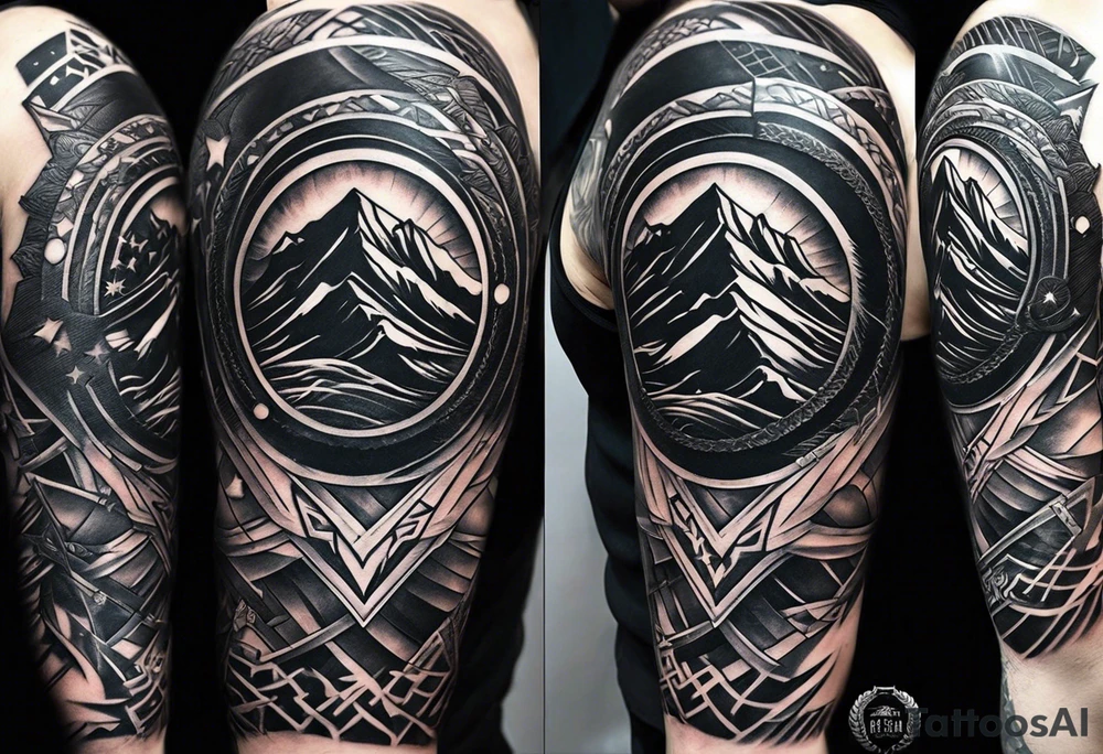 complete upper arm sleeve. Feature three mountain side by side, with 3 stars above them crossed sword patterns that evoke the Valkyrie spirit. Keep the design in clean, simple lines. tattoo idea