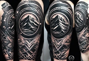 complete upper arm sleeve. Feature three mountain side by side, with 3 stars above them crossed sword patterns that evoke the Valkyrie spirit. Keep the design in clean, simple lines. tattoo idea