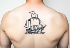 bland and white detailed linework drawing of Spaniard ship sailing for forearm tattoo idea