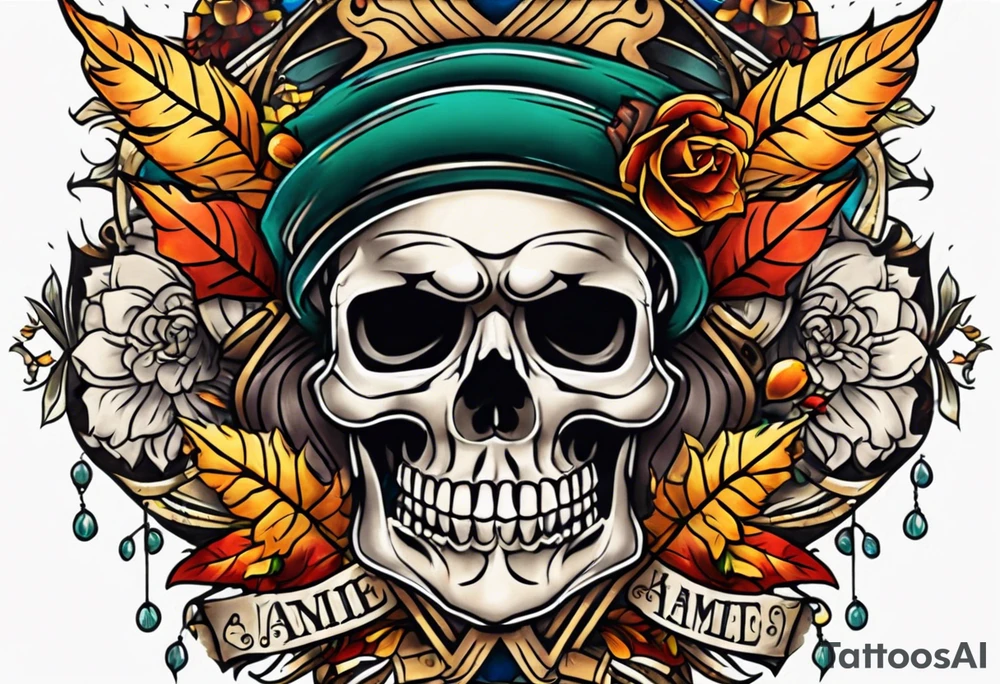Old school knee tattoo with skull and fall colors tattoo idea