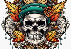 Old school knee tattoo with skull and fall colors tattoo idea