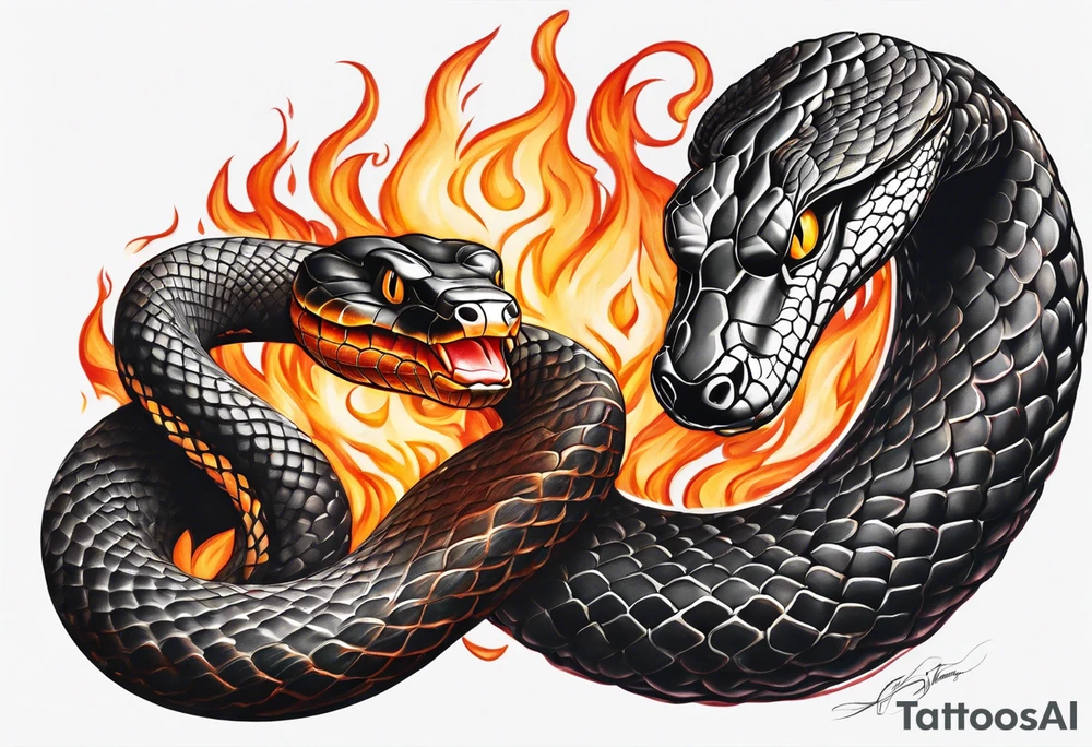 A snake winding it’s way down an arm, the background consumed by flames tattoo idea