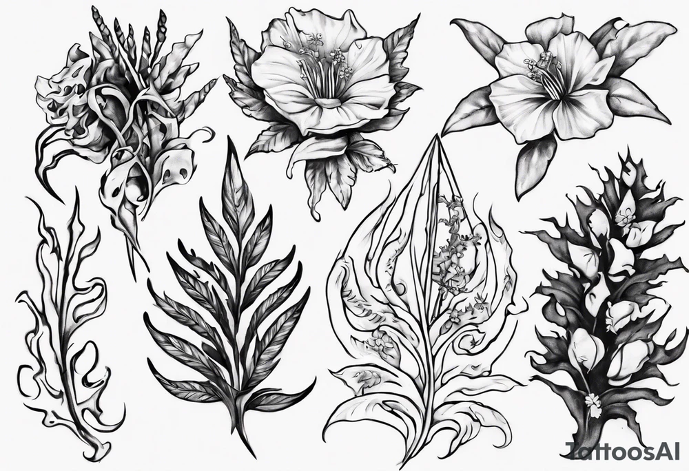 Swordfern, bull kelp and flowers that represent the pacific Northwest tattoo idea