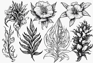 Swordfern, bull kelp and flowers that represent the pacific Northwest tattoo idea
