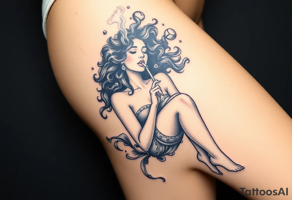 Curly haired Woman smoking while floating in outer space tattoo idea